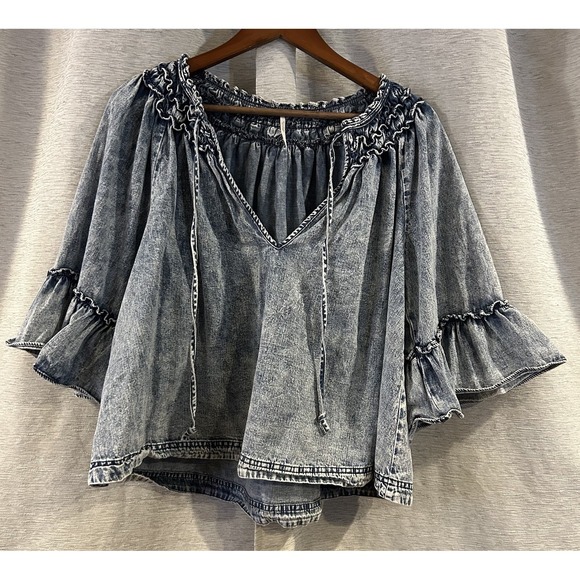 Free People Tops - Free People Ainsley Denim top womens Small Blue faded bell‎ sleeve Boho